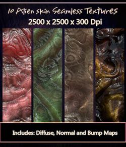 10 Seamless Alien Textures with Diffuse, Normal and Bump Maps.