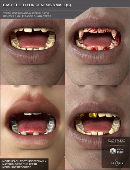 Click here to see preview images for "Easy Teeth for Genesis 8 Male(s) and Merchant Resource" Easy Teeth for Genesis 8 Male(s) and Merchant Resource