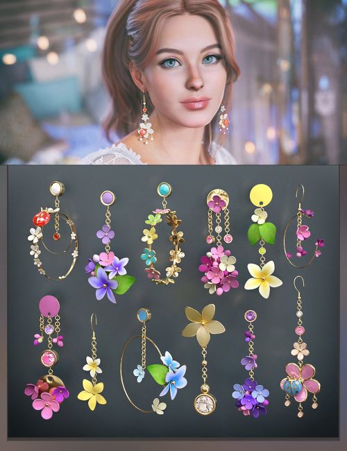 Click here to see preview images for "VRV Flora Fiesta Hanging Earring addon for Genesis 9, 8.1, and 8 Females" VRV Flora Fiesta Hanging Earring addon for Genesis 9, 8.1, and 8 Females