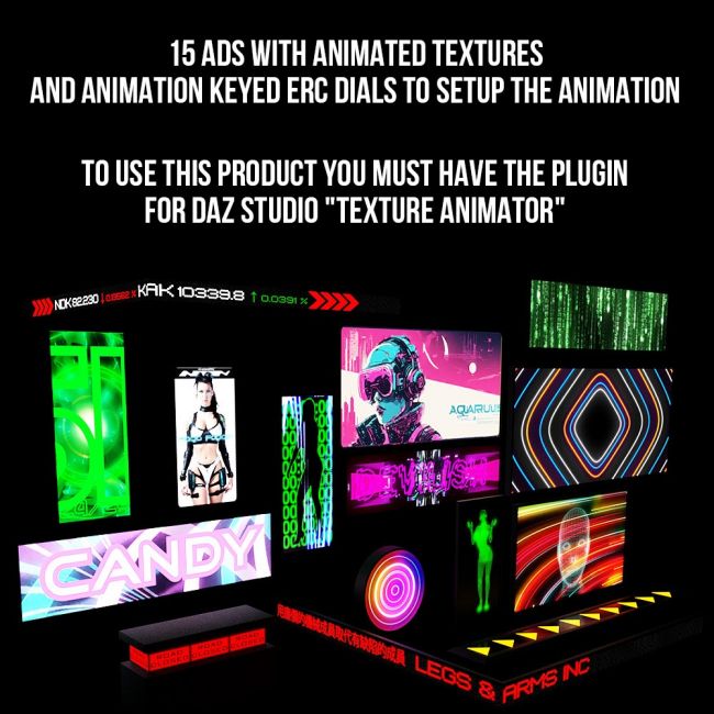 Click here to see preview images for "Animated Cyberpunk Ads for Daz Studio" Animated Cyberpunk Ads for Daz Studio
