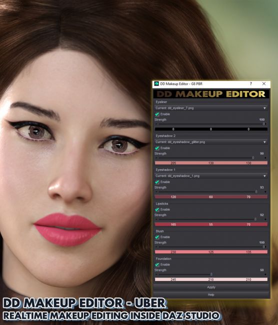 Click here to see preview images for "DD Makeup Editor – Iray PBR Skin Makeup Tool for Genesis 8 Female" DD Makeup Editor – Iray PBR Skin Makeup Tool for Genesis 8 Female